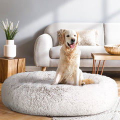Calming Plush Dog Bed 110cm XL - White Brown