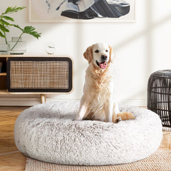 Calming Plush Dog Bed 90cm - White Brown